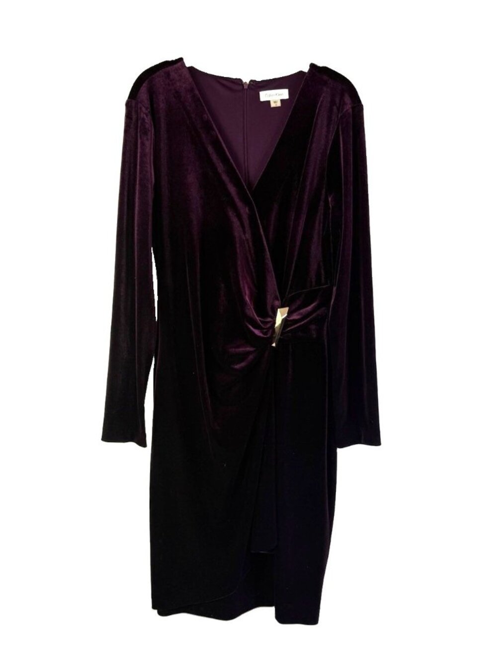 Calvin Klein Dress Velour Velvet Ruched Long Sleeve Plum Purple